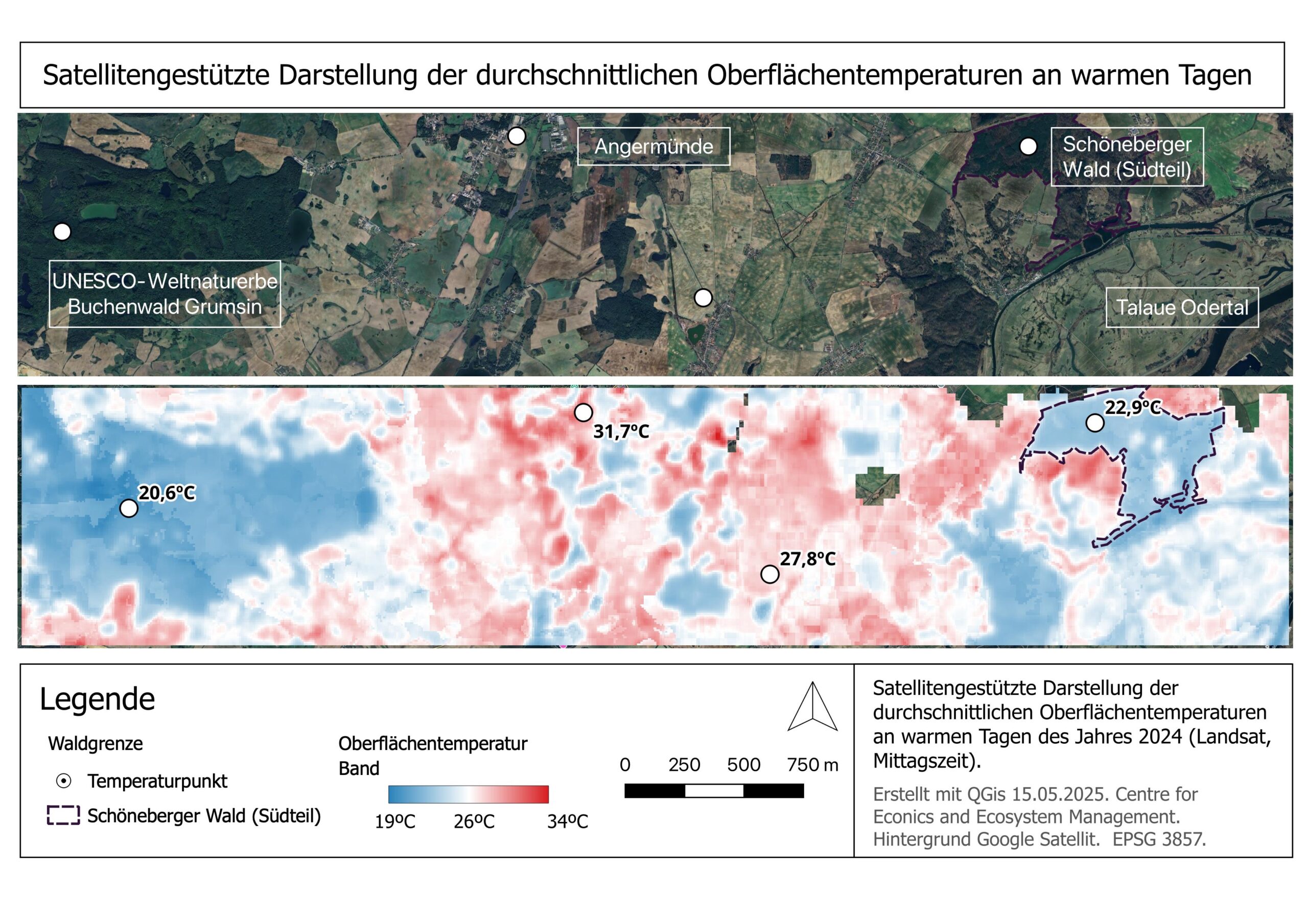 Karte der durchschnittlichen Oberflächentemperaturen an warmen Tagen 2024 im Norden Brandenburgs