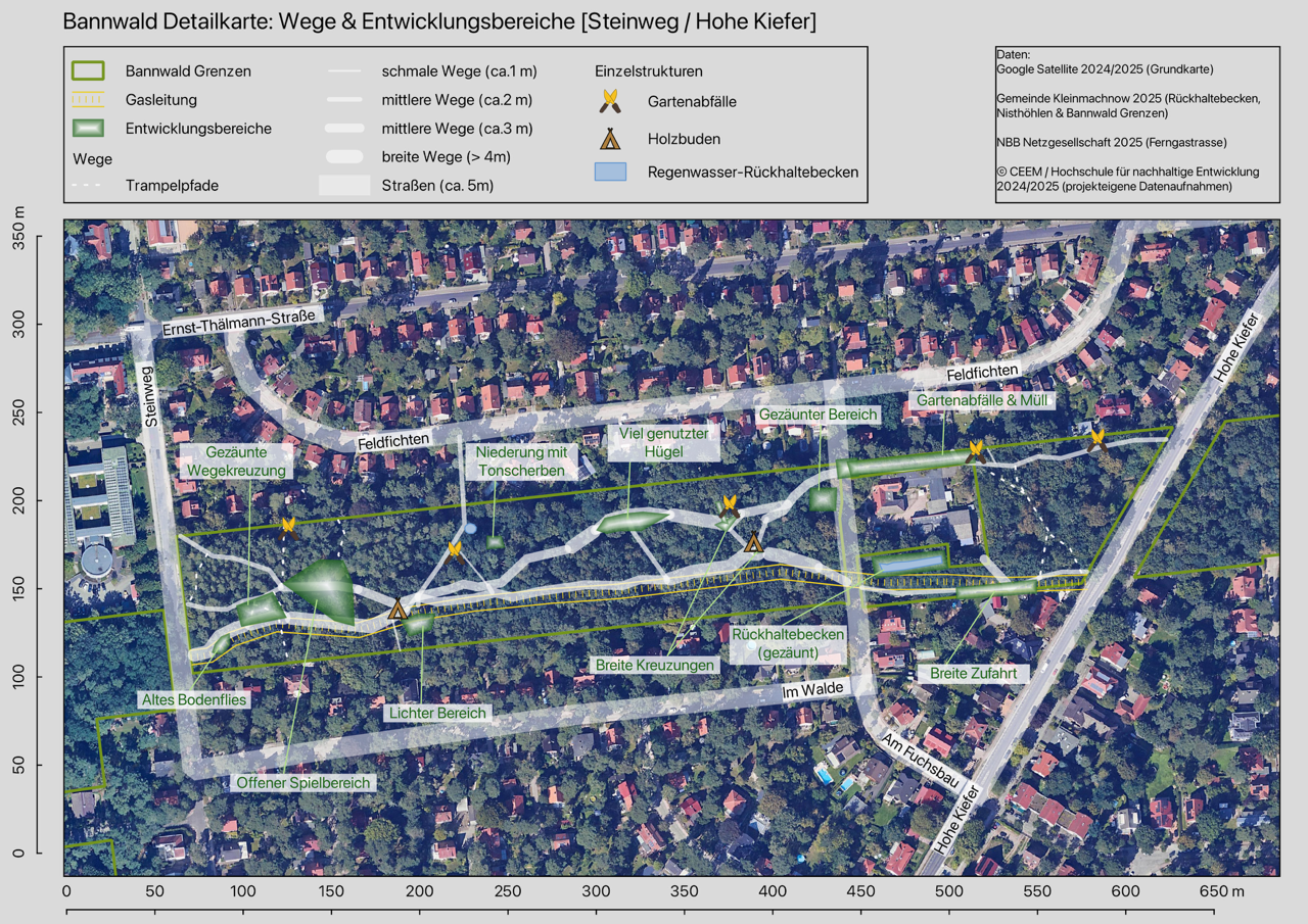 Projekt "Zukunftsfähiger Gemeindewald", Kleinmachnow, Detailkarte, Wege und Entwicklungsbereiche