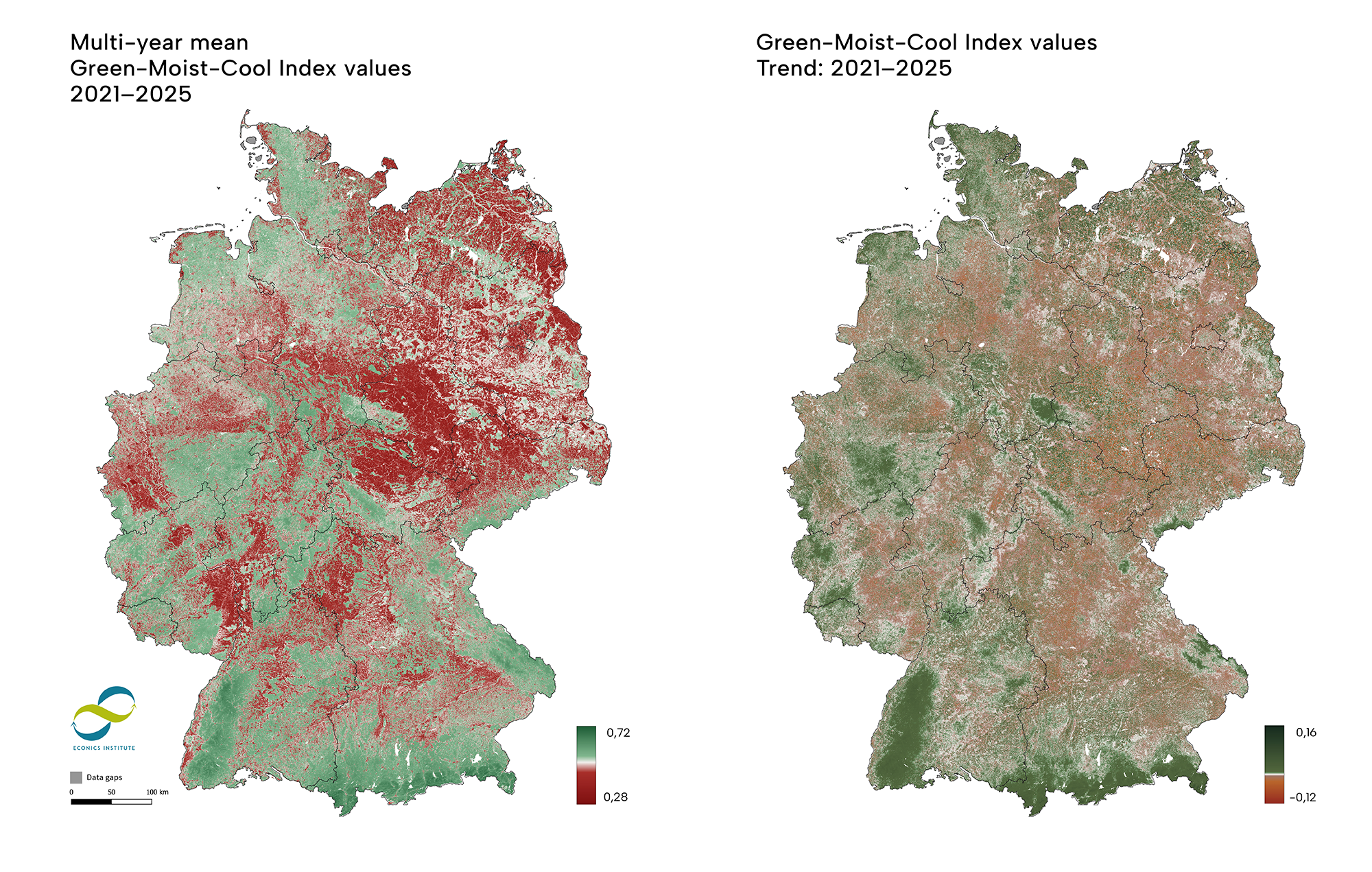 ECONICS Green-Moist-Cool Index 3 Left: The ECONICS-Green-Moist-Cool Index (2021–2025) integrates land surface temperature, September NDVI and precipitation into a single 0–1 scale, with higher values indicating cooler, greener, and moister conditions. Right: Trend for 2021– 2025 calculated as a regression.