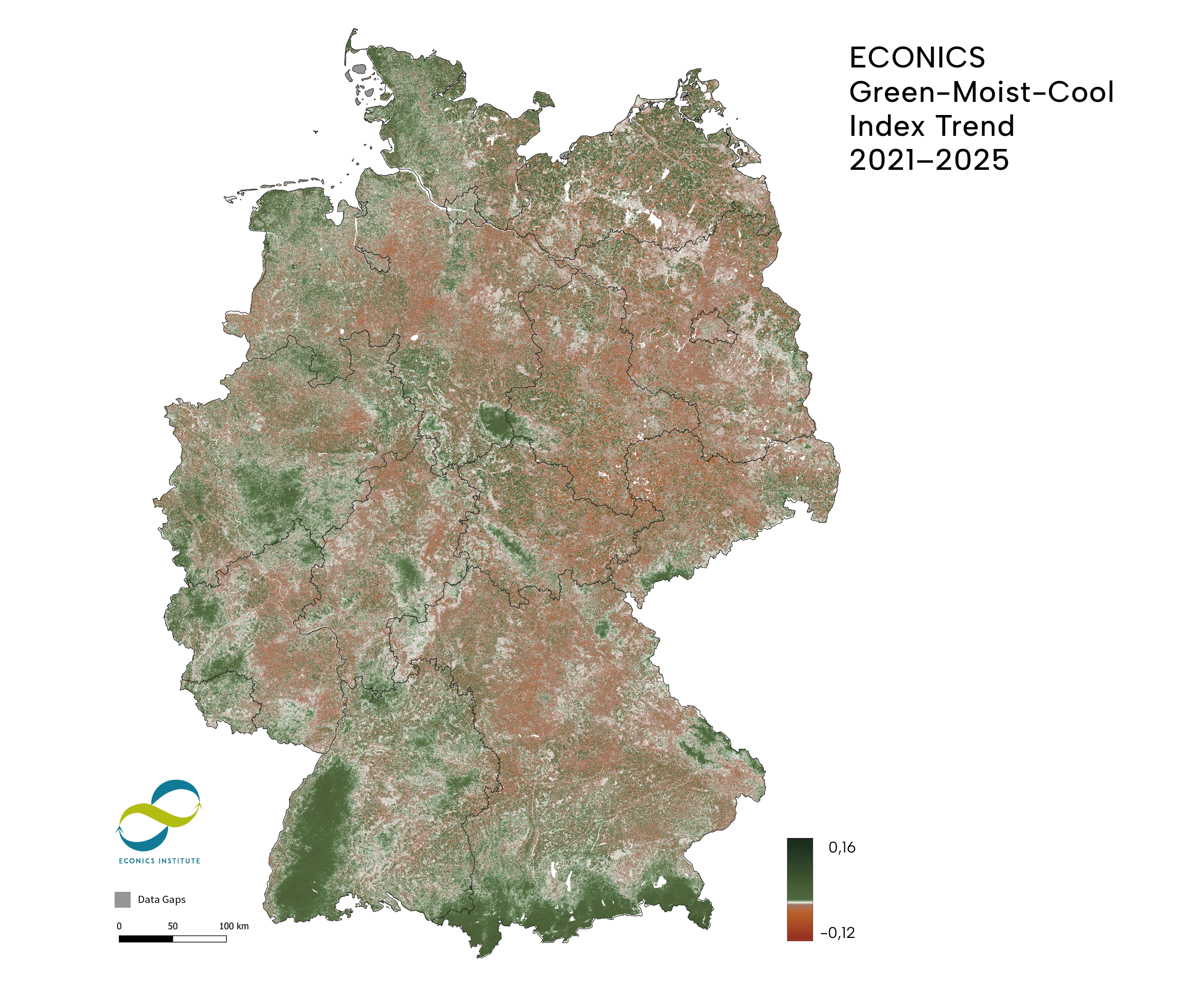 ECONICS Green-Moist-Cool Index Trend 2021-2025. The map shows the trend for 2021 to 2025 for every 30-meter pixel in Germany (calculated as a regression). Greenish areas indicate an overall positive development, reddish areas a deterioration.