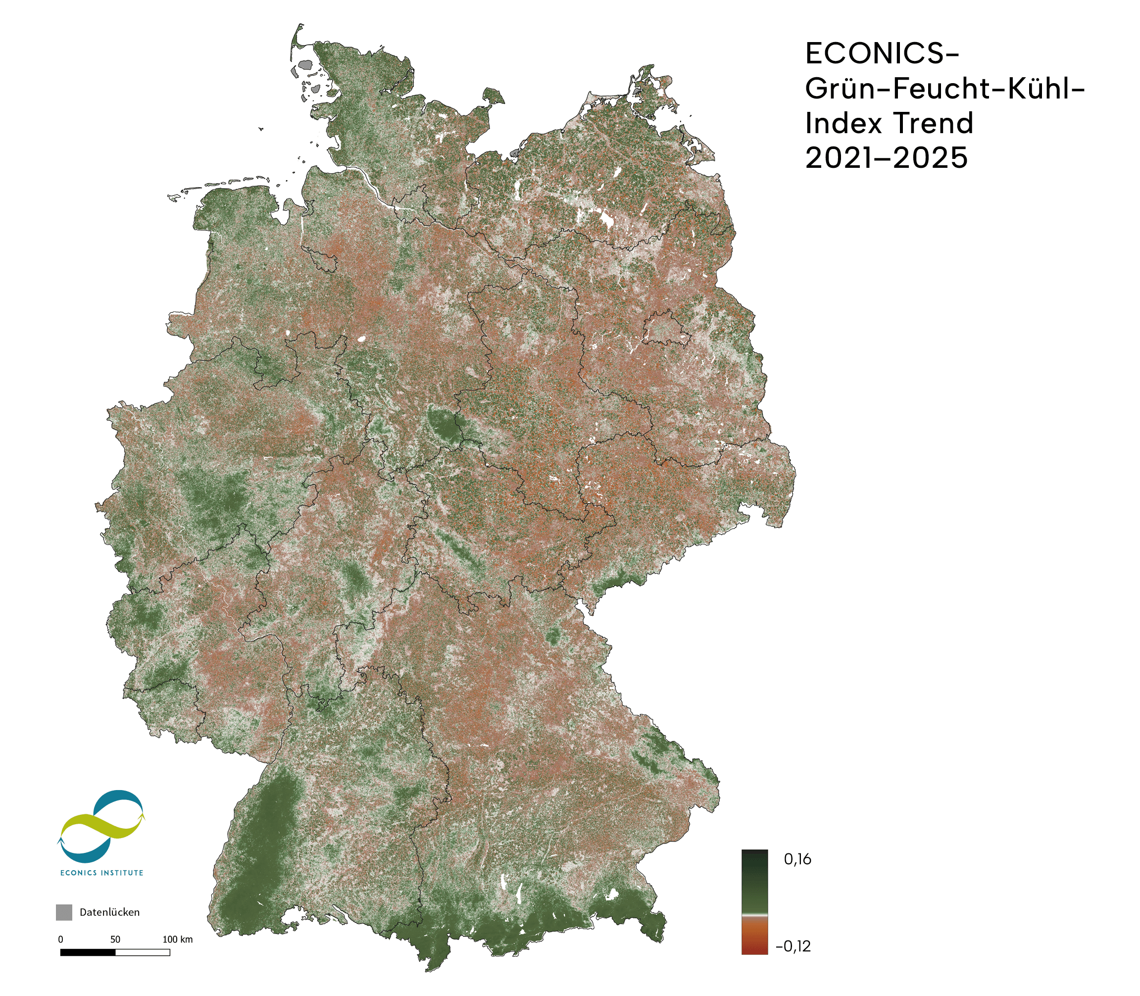 Die Karte zeigt für alle 30-Meter-Pixel in Deutschland den Veränderungstrend des ECONCIS-Grün-Feucht-Kühl-Index für die Jahre 2021 bis 2025 (als Regression berechnet). Grünliche Bereiche zeigen eine insgesamt positive Entwicklung, rötliche eine Verschlechterung.