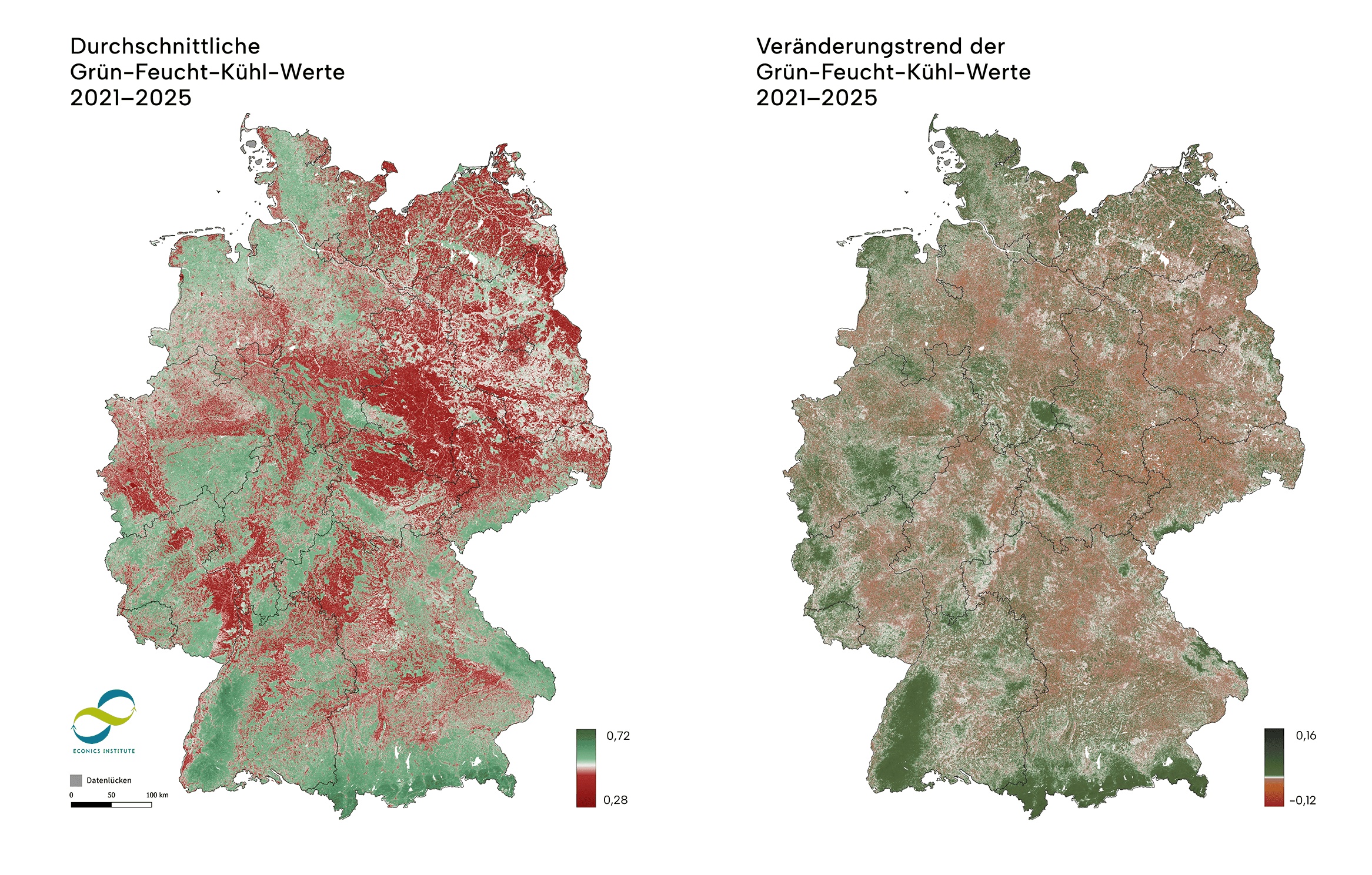 Karte links: Verteilung der durchschnittlichen Grün-Feucht-Kühl-Werte für den Fünfjahreszeitraum 2021–2025. Karte rechts: Veränderungstrend für die Jahre 2021–2025 (als Regression berechnet) für alle 30-Meter-Pixel in Deutschland. Grünliche Bereiche zeigen eine insgesamt positive Entwicklung, rötliche eine Verschlechterung.