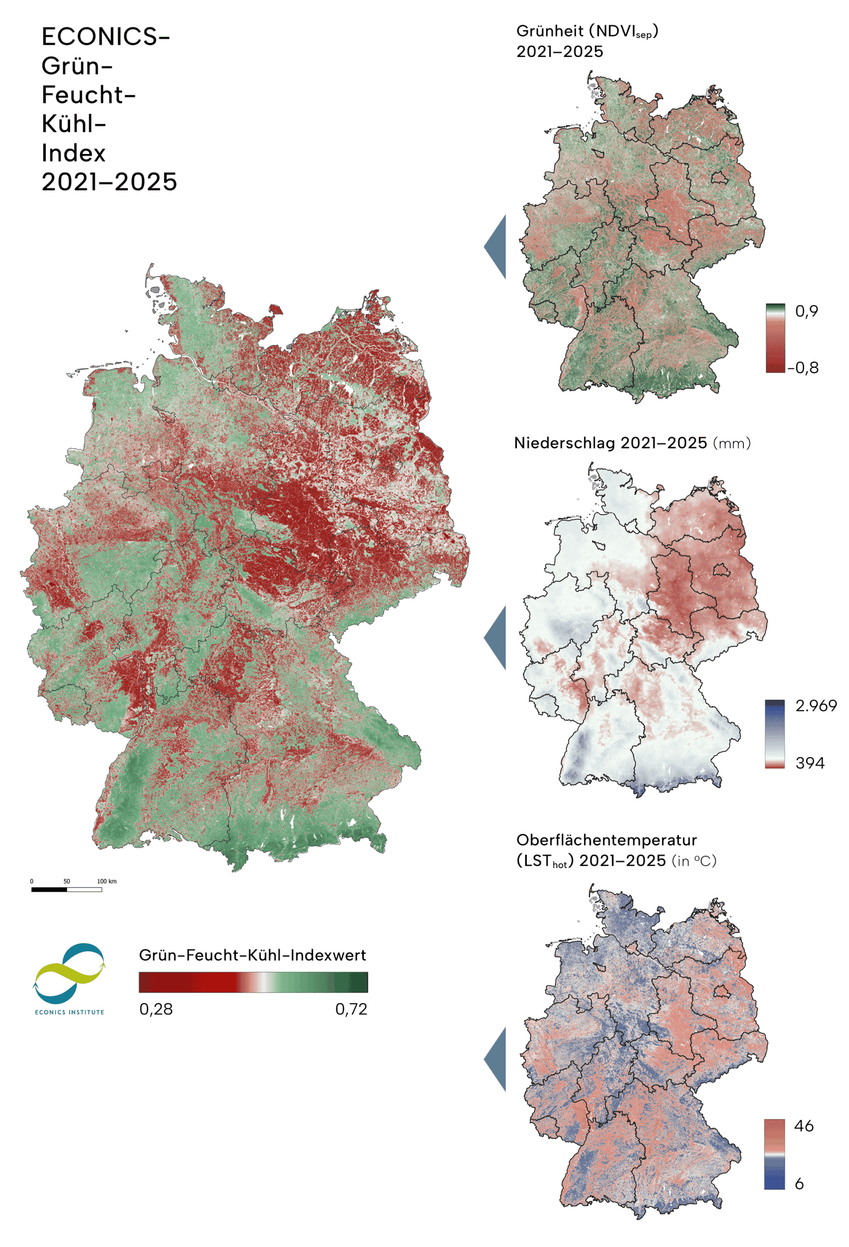 Der ECONICS-Grün-Feucht-Kühl-Index (große Karte links) integriert die drei Komponenten Grünheit der Vegetation im Spätsommer (Karte rechts oben), dem Jahresniederschlag (Karte rechts mittig) und der Oberflächentemperaturen an heißen Tagen (Karte rechts unten) in einer einzigen Skala von 0 bis 1, wobei höhere Werte auf kühlere, grünere und feuchtere Bedingungen hinweisen.